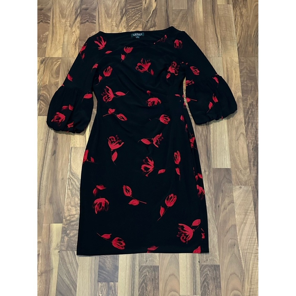Lauren Ralph Lauren Women's Black Midi Dress Size 10 Balloon Sleeve Floral Lined